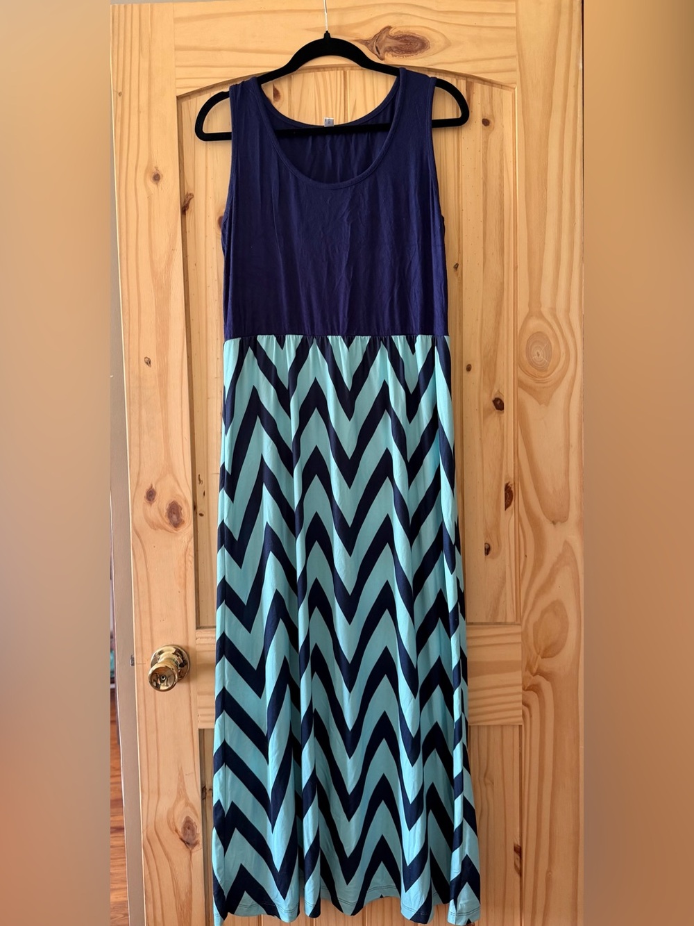 Sleeveless Navy and Light Blue Chevron Maxi Dress